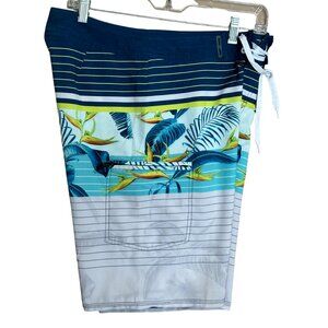 Ron Jon Board Shorts - Size 30 Waist - Surf Shop - Floral - Blue & White - Swim